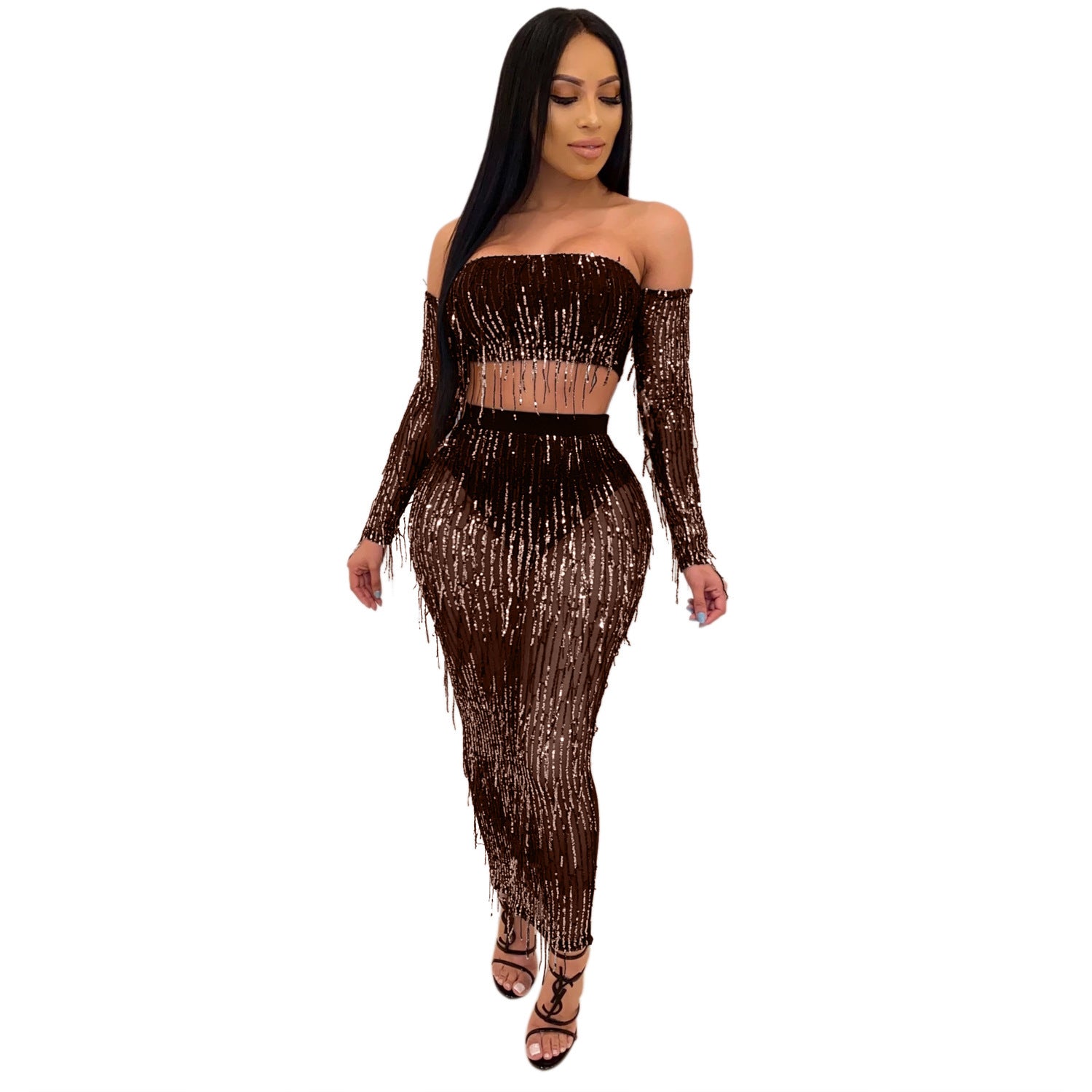 Fashion Sexy See-through Mesh Sequins Tassel Two-piece Set - kinko