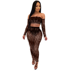 Fashion Sexy See-through Mesh Sequins Tassel Two-piece Set - kinko