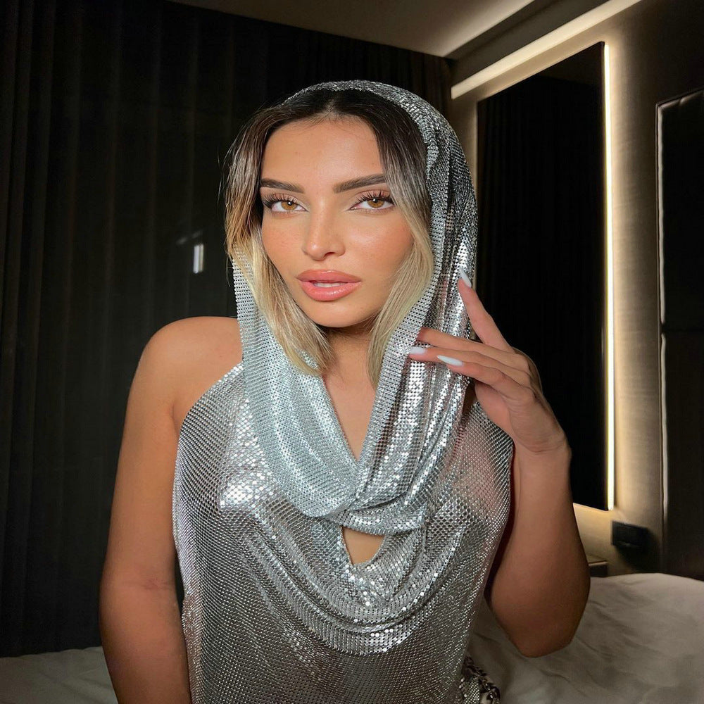 Back Slit Metal Sequins Top Scarf Two-piece Set - kinko