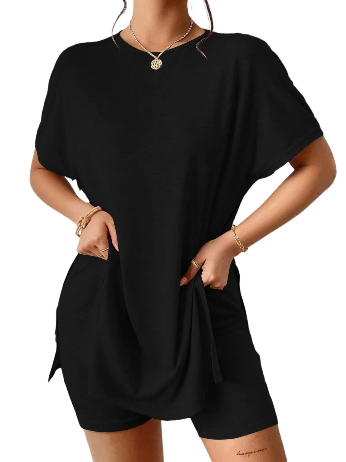 Slit Round Neck Short Sleeve Oversized Top and Shorts Set - kinko
