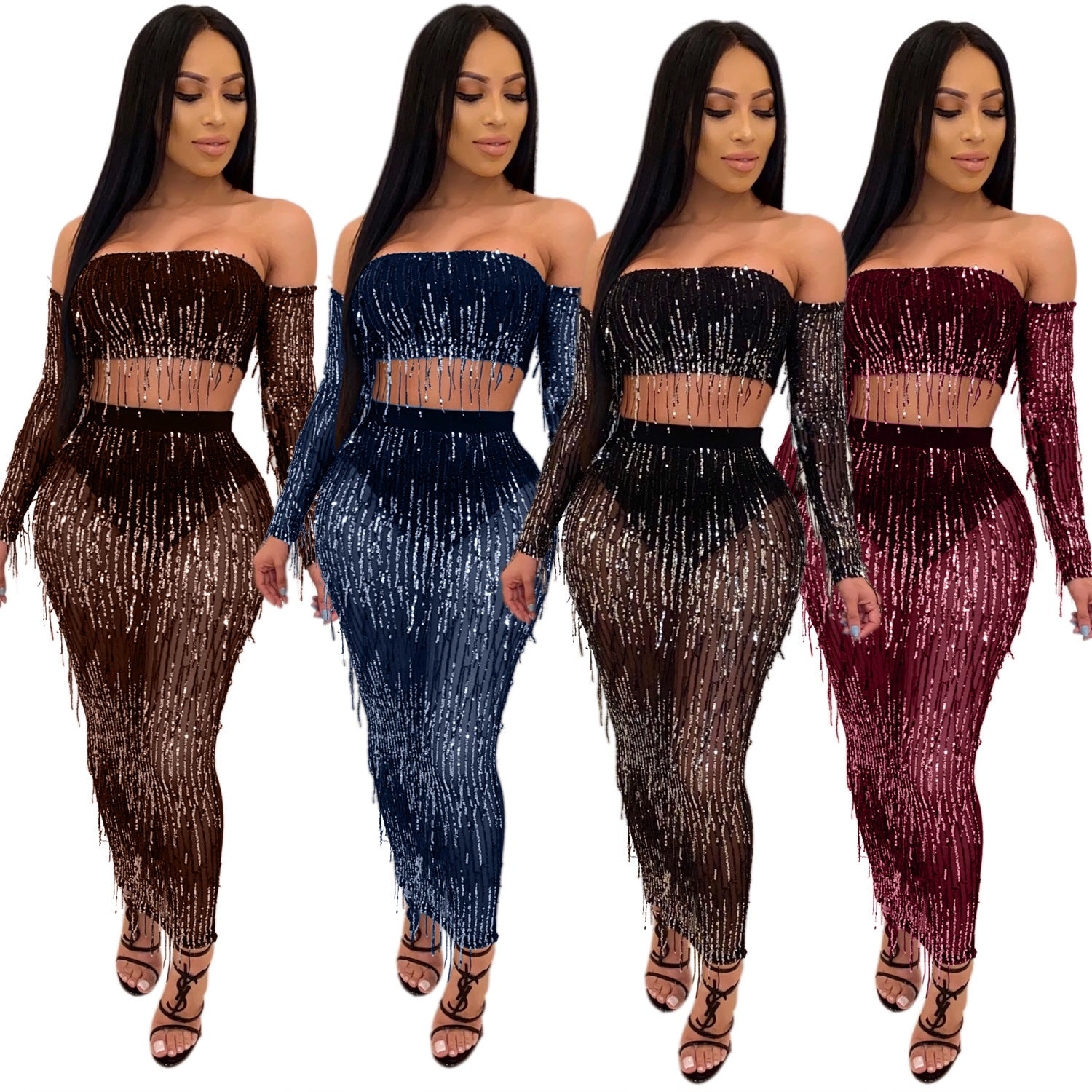 Fashion Sexy See-through Mesh Sequins Tassel Two-piece Set - kinko