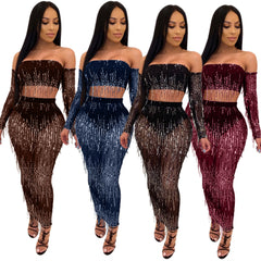Fashion Sexy See-through Mesh Sequins Tassel Two-piece Set - kinko