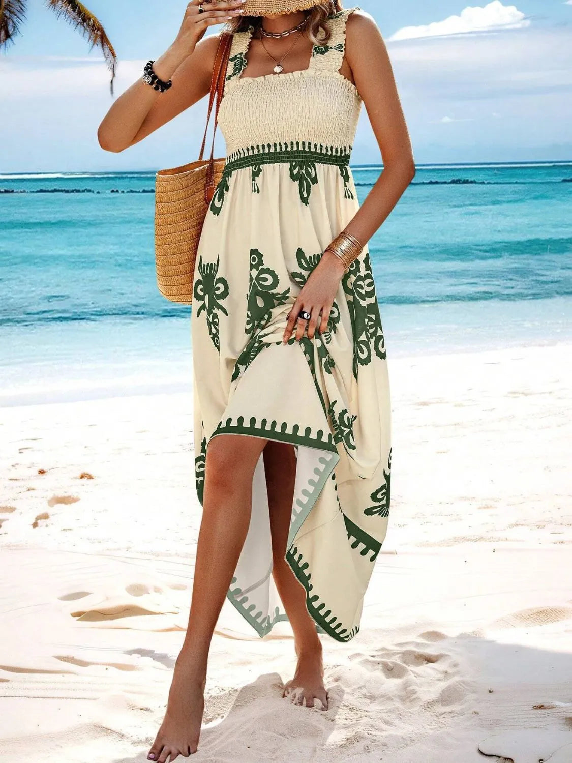 Smocked Printed Wide Strap Maxi Dress - kinko