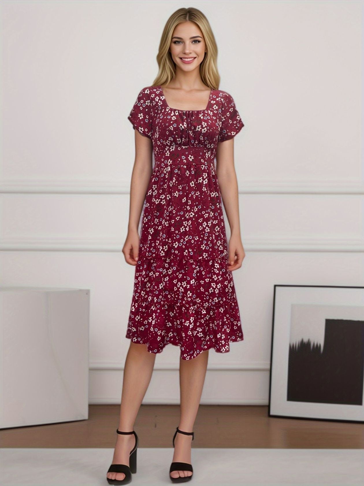 Square Collar Short Sleeve Dress Summer Puff Floral Printed Dress Long Dresses - kinko