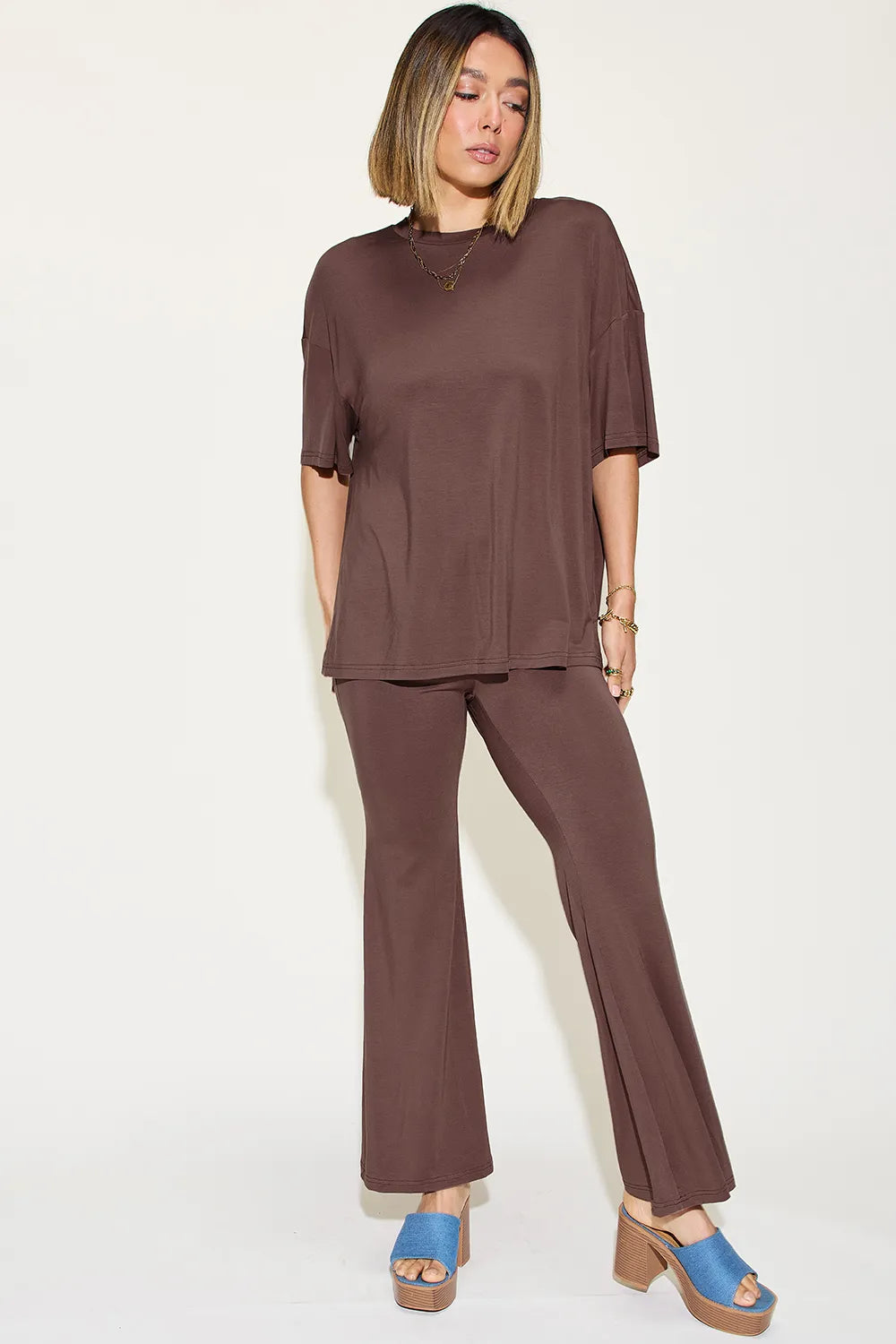 Basic Bae Full Size Bamboo Drop Shoulder T-Shirt and Flare Pants Set - kinko