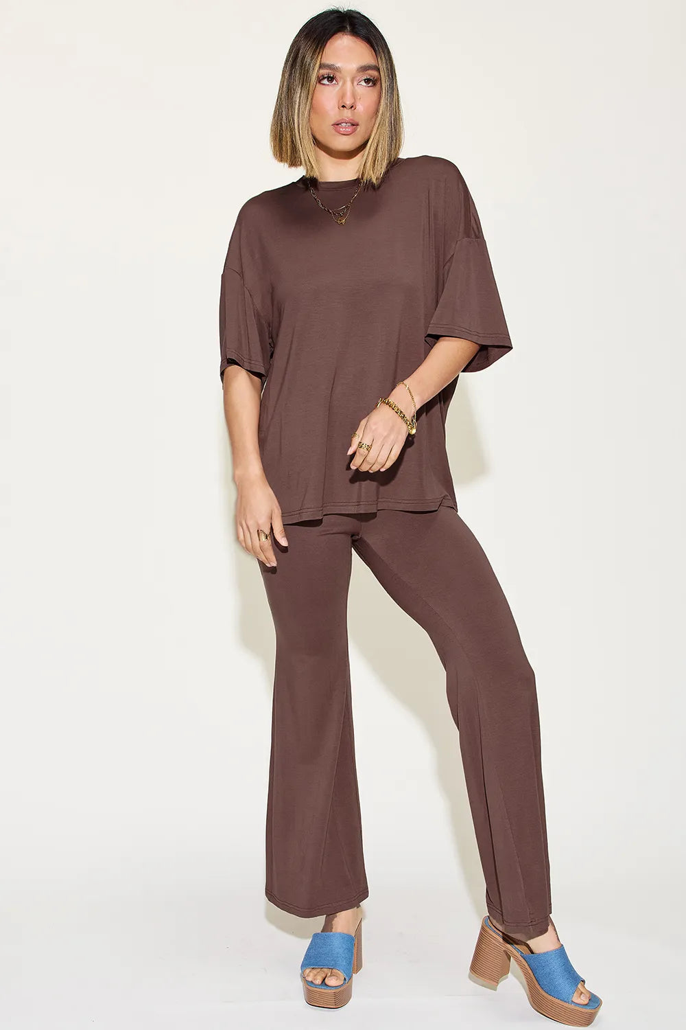 Basic Bae Full Size Bamboo Drop Shoulder T-Shirt and Flare Pants Set - kinko