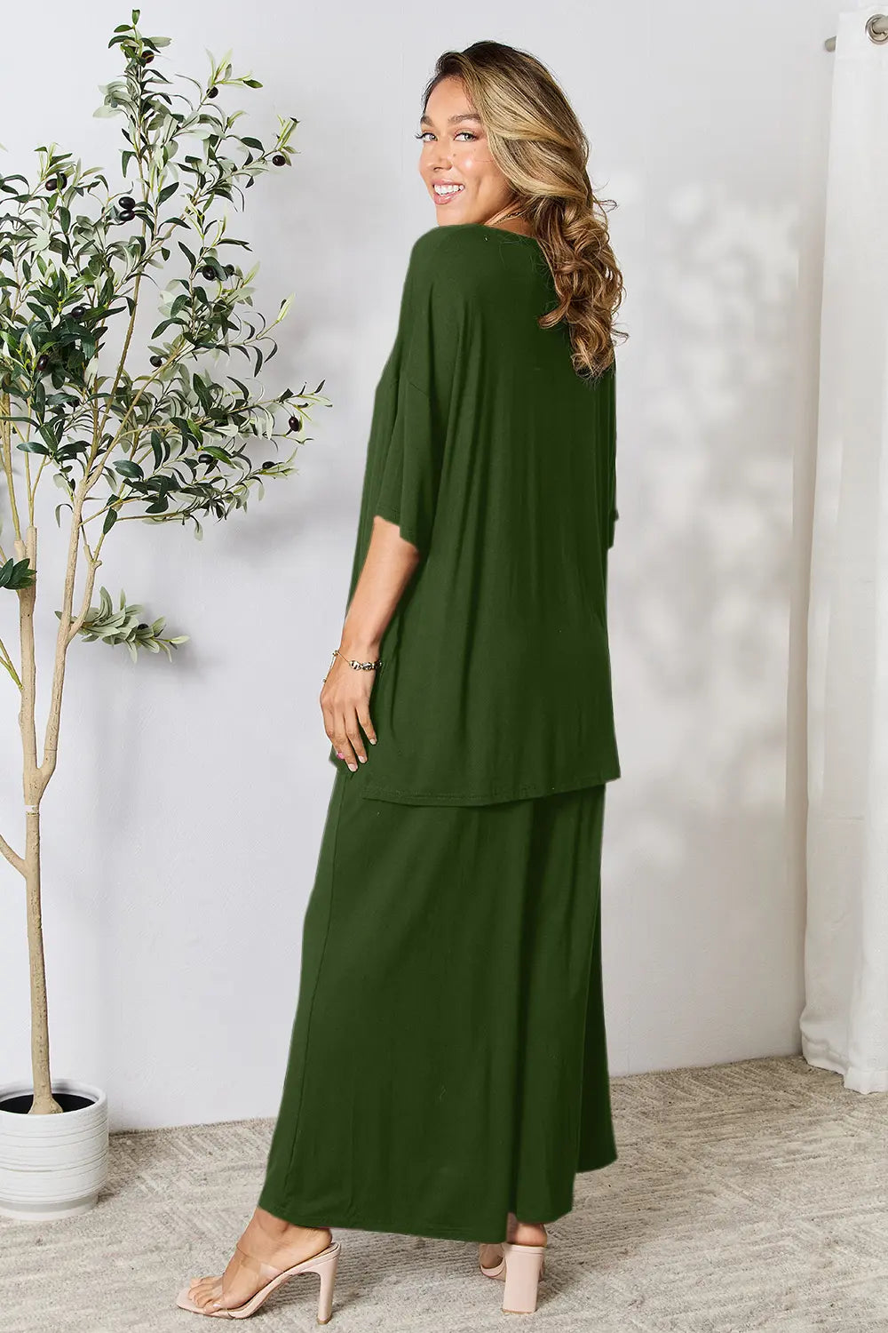 Double Take Full Size Round Neck Slit Top and Pants Set - kinko
