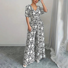 Womens Jumpsuits Short Sleeve V Neck Smocked Dressy Casual Wide Leg Pants Romper 2025 Summer One Piece Outfits - kinko