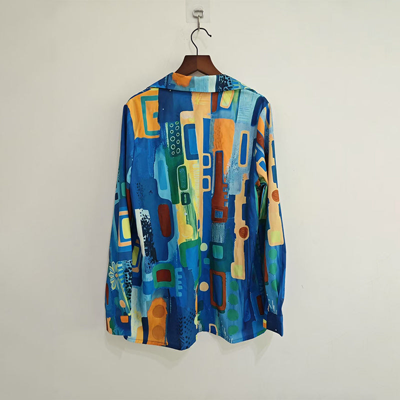 Women's Lapel Collar Printed Long Sleeve Shirt - Vibrant Colorful Pattern Button-Up Blouse Stylish Spring&Summer Vacation Top - kinko