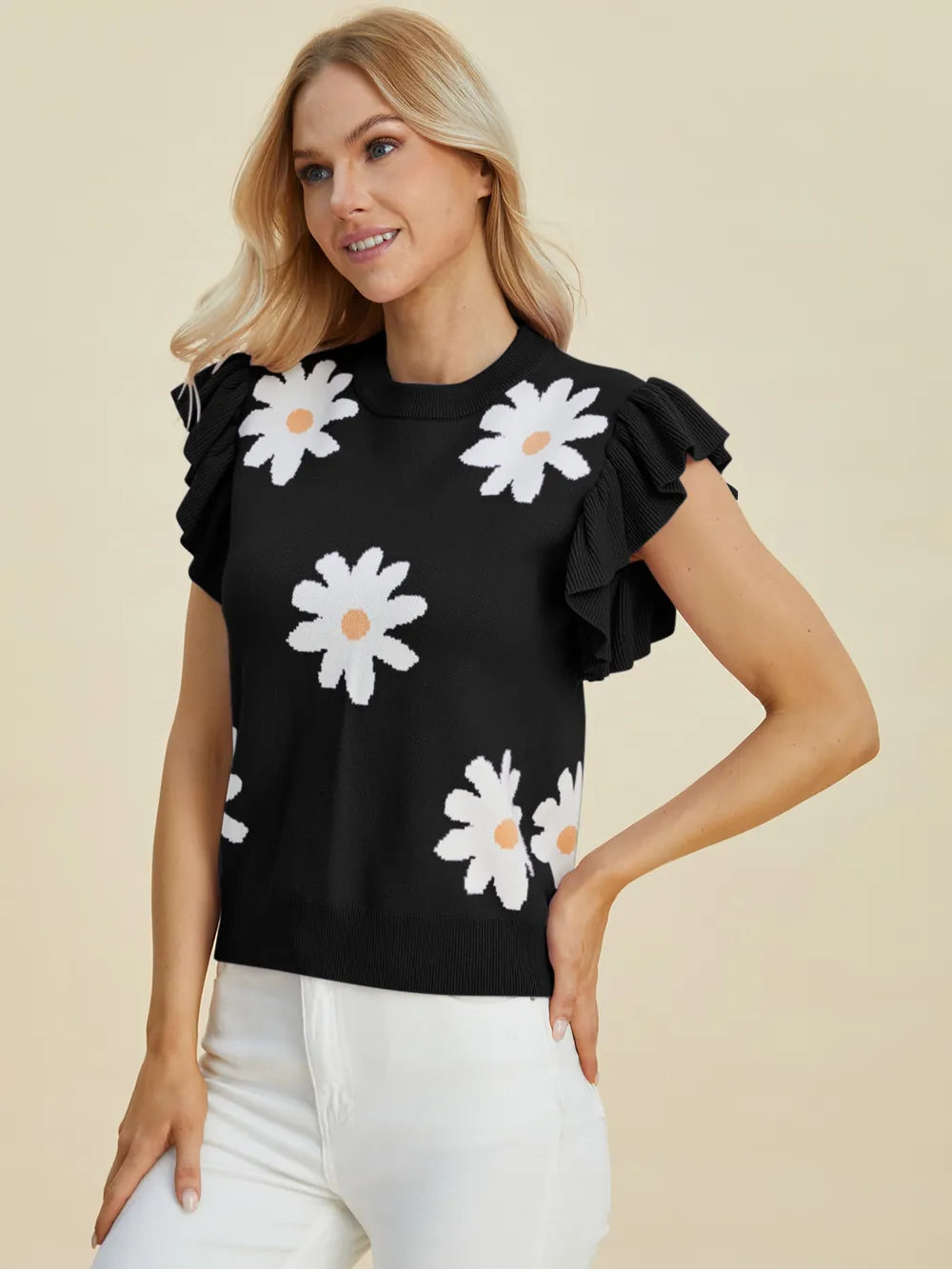 Double Take Full Size Ruffled Flower Round Neck Cap Sleeve Sweater - kinko