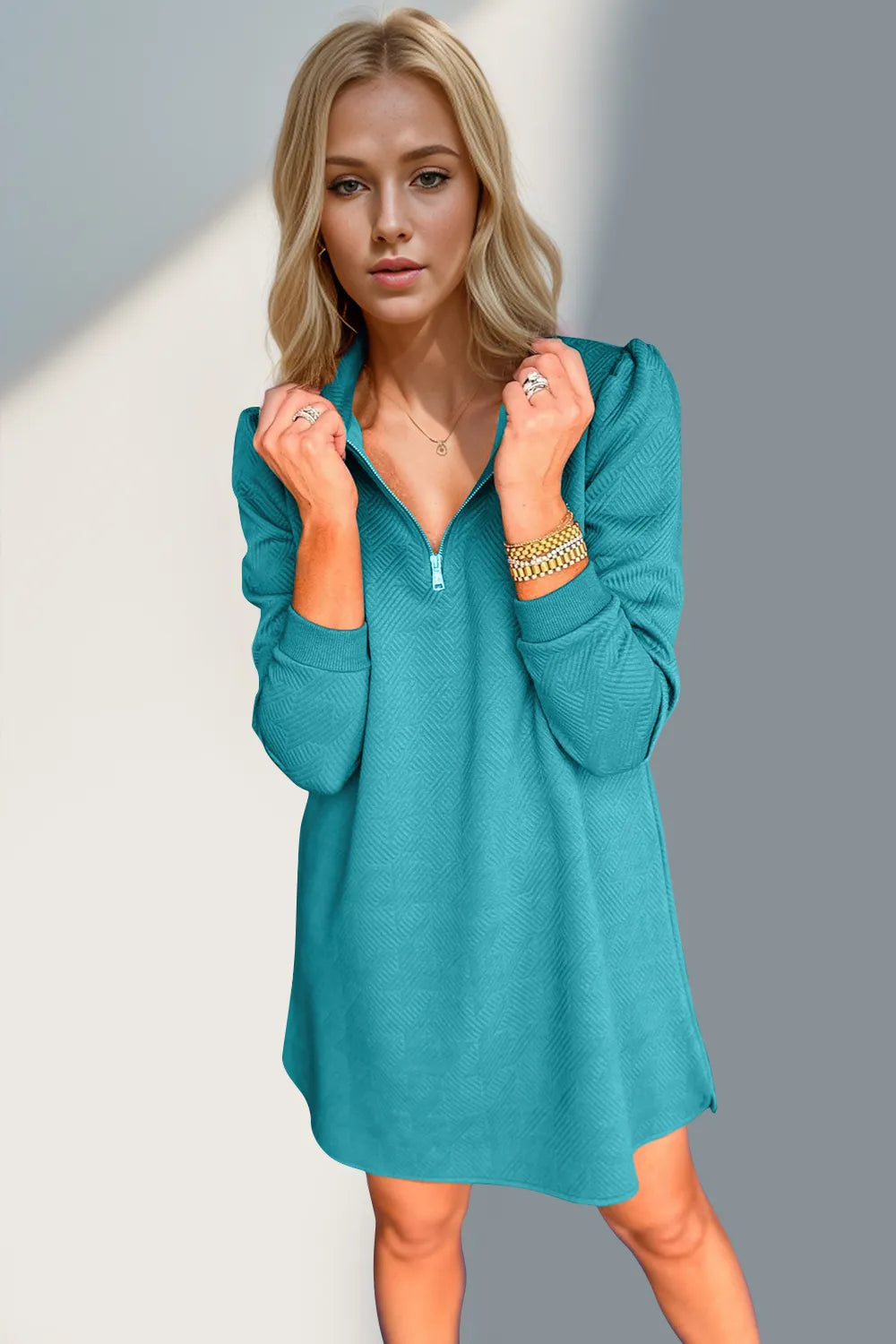 Double Take Textured Quarter Zip Long Sleeve Dress - kinko