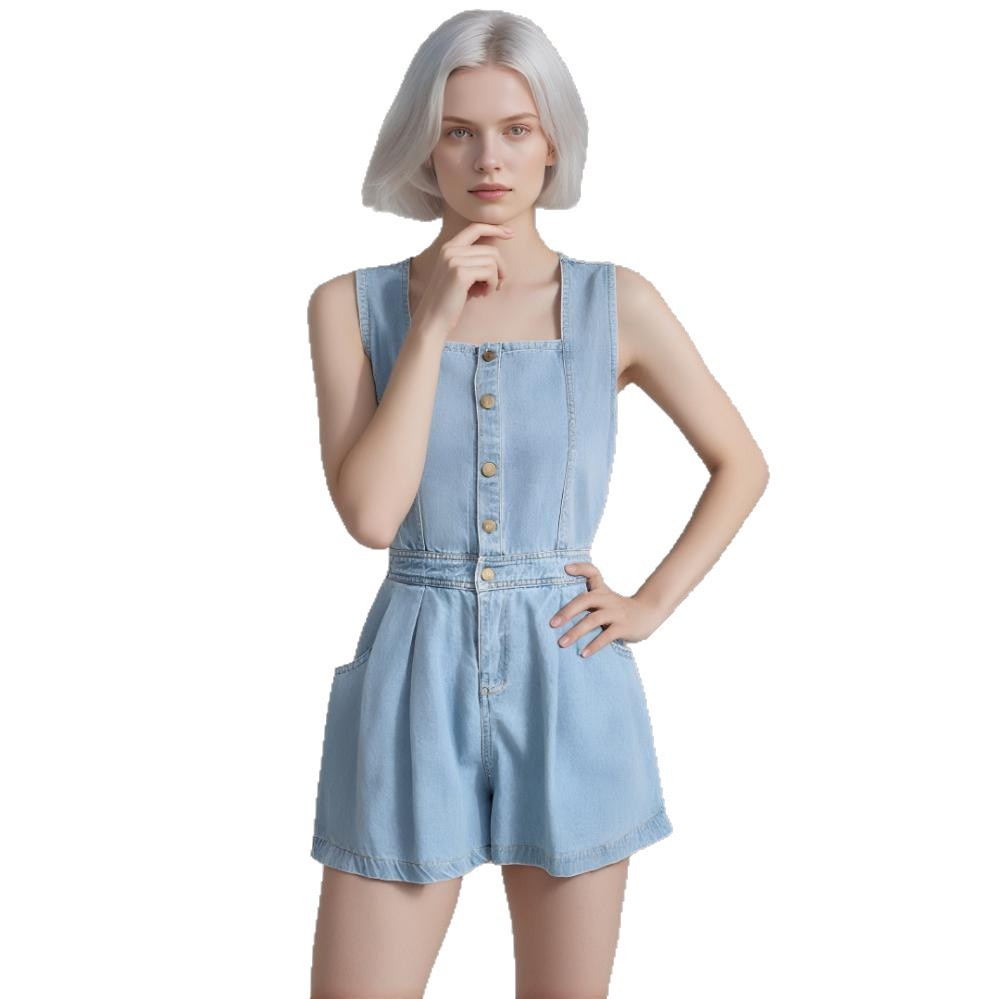 Hot Girl Strap Denim Jumpsuit Women's Back Slit Single-breasted High Waist Wide Leg Pants - kinko