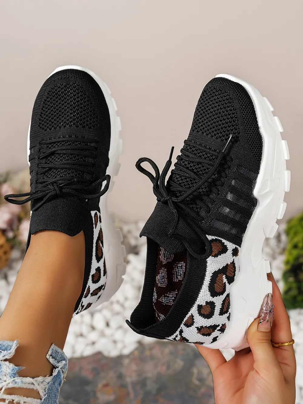 Cutout Leopard Lace Up Mesh Athletic - kinko