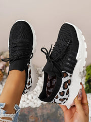 Cutout Leopard Lace Up Mesh Athletic - kinko