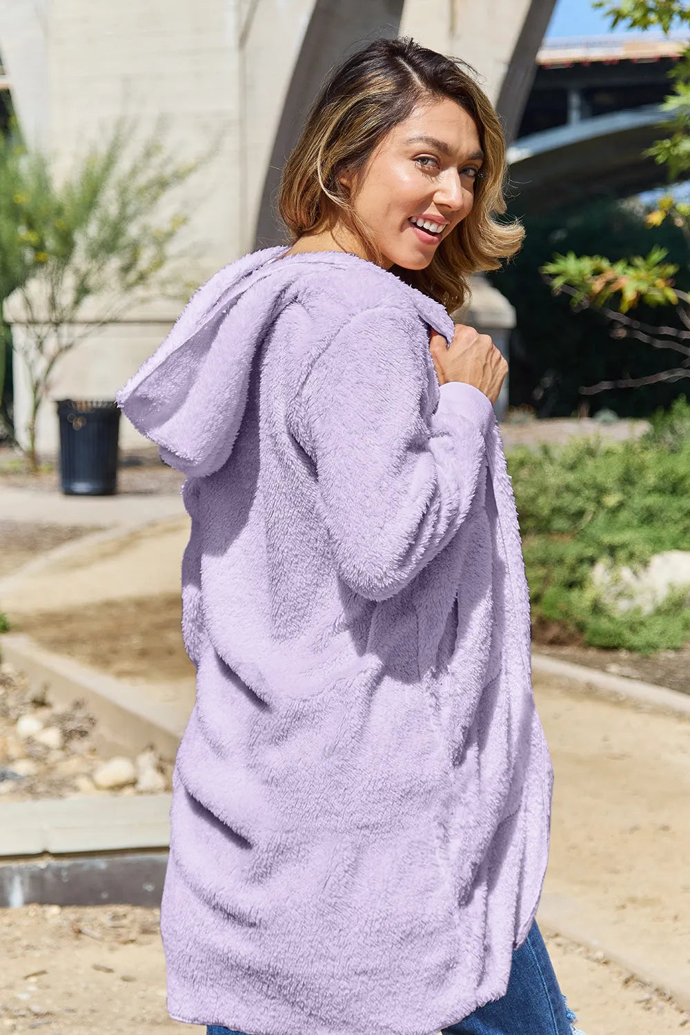 Double Take Full Size Hooded Teddy Bear Jacket with Thumbholes - kinko