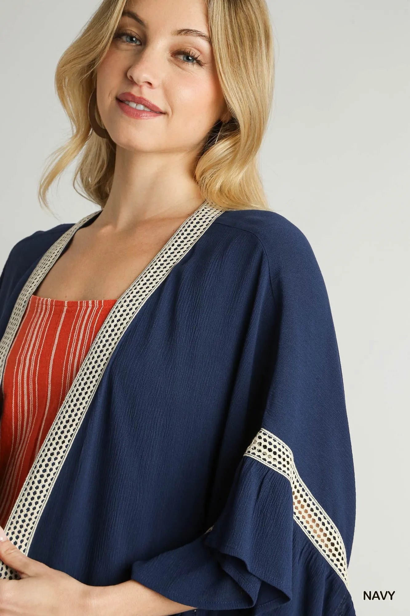 Umgee Ruffle Trim Kimono with Crochet Accent - kinko