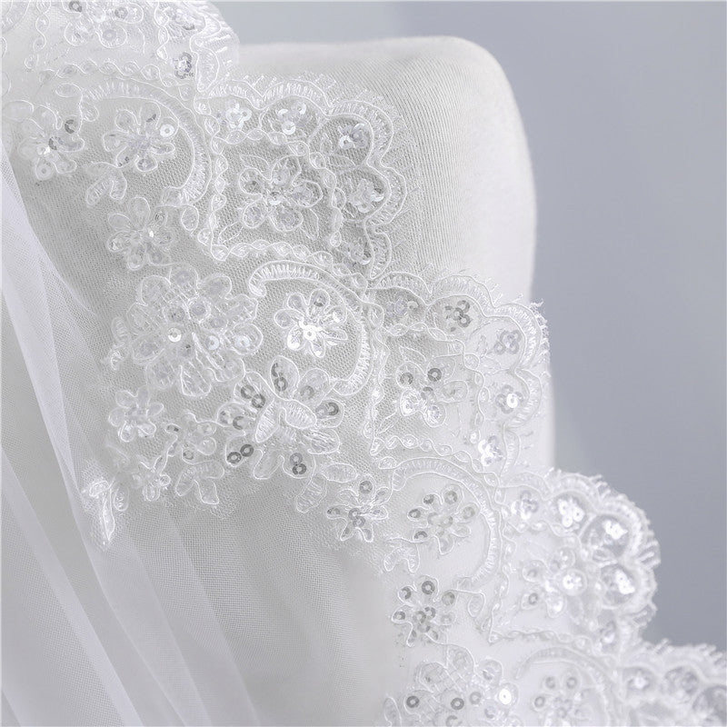 Short Veil Soft Mesh Sequined Lace White Ivory - kinko