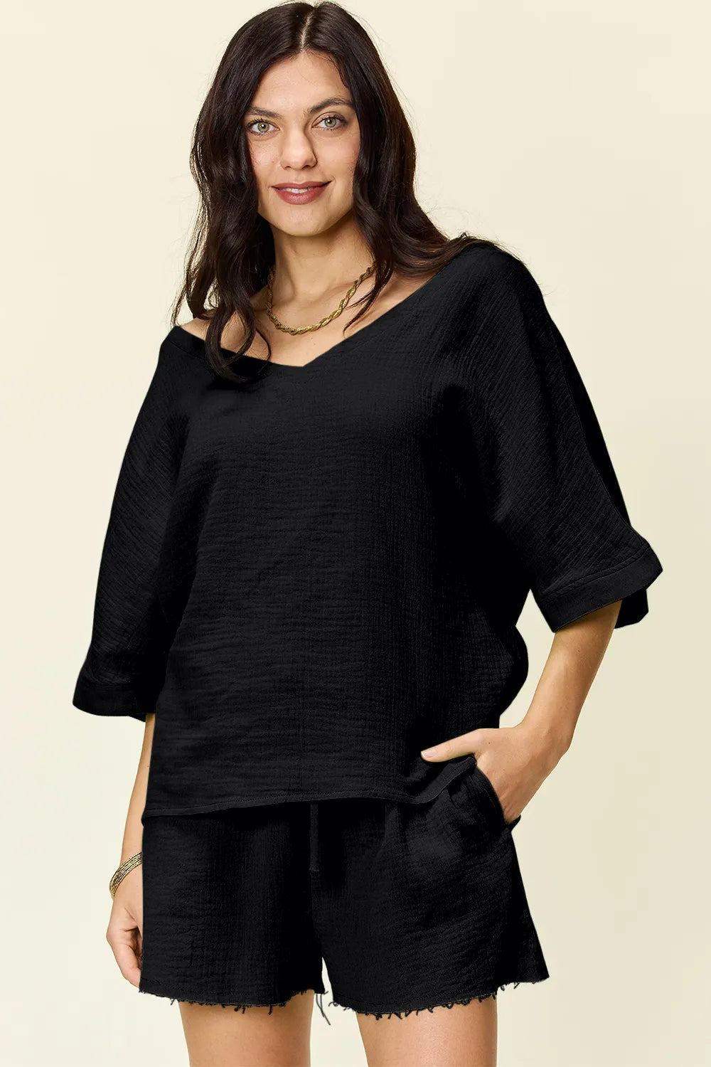 Double Take Texture Half Sleeve T-Shirt and Drawstring Shorts Set - kinko