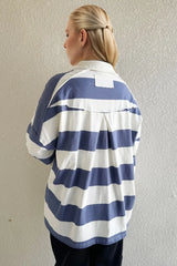 Oh Pima Cotton Wash Wide Striped Collared Neck Long Sleeve Top - kinko