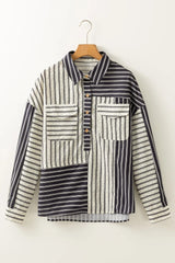 Black Stripe 2-tone Patchwork Half Buttons Chest Pockets Casual Blouse - kinko