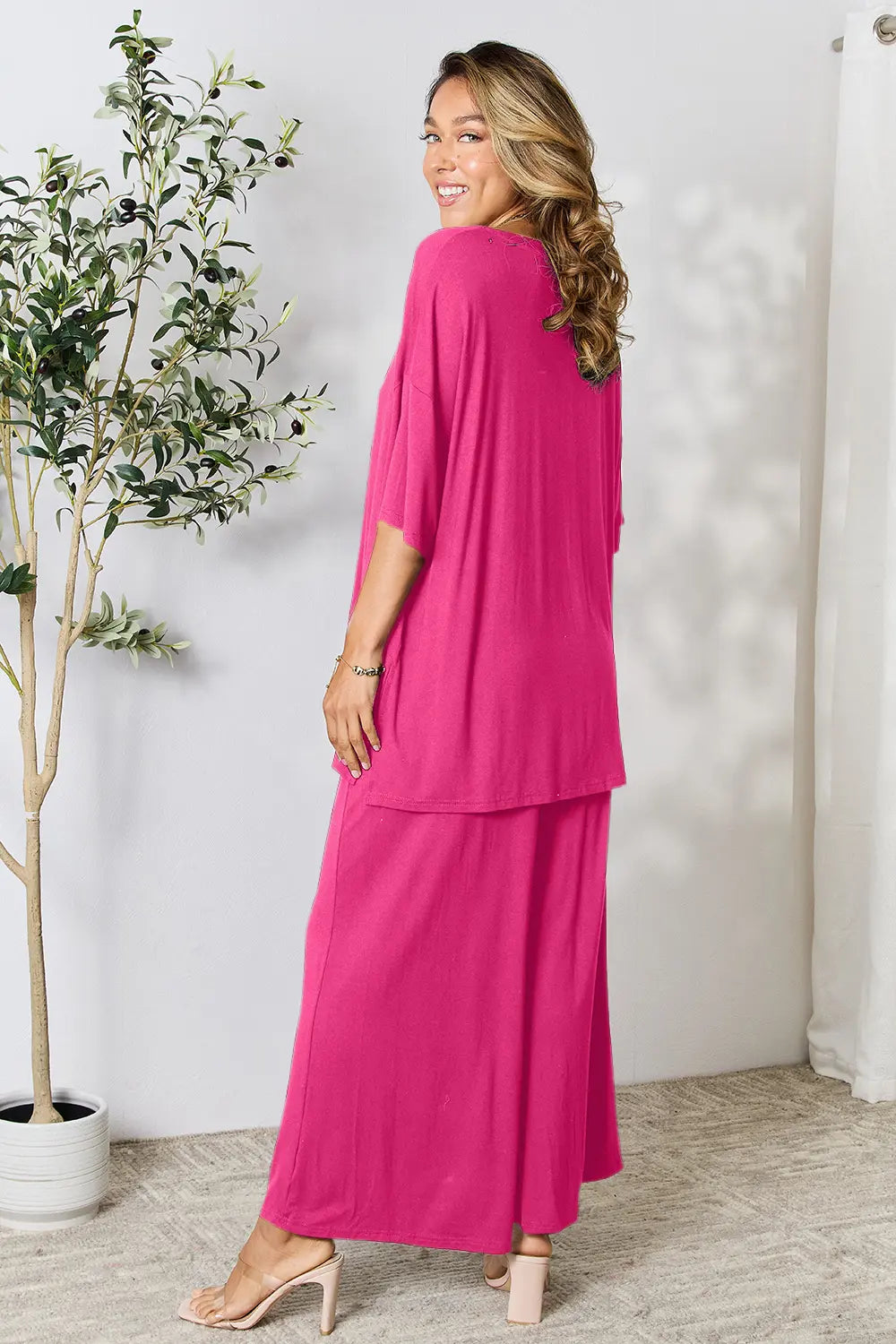 Double Take Full Size Round Neck Slit Top and Pants Set - kinko