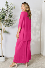 Double Take Full Size Round Neck Slit Top and Pants Set - kinko