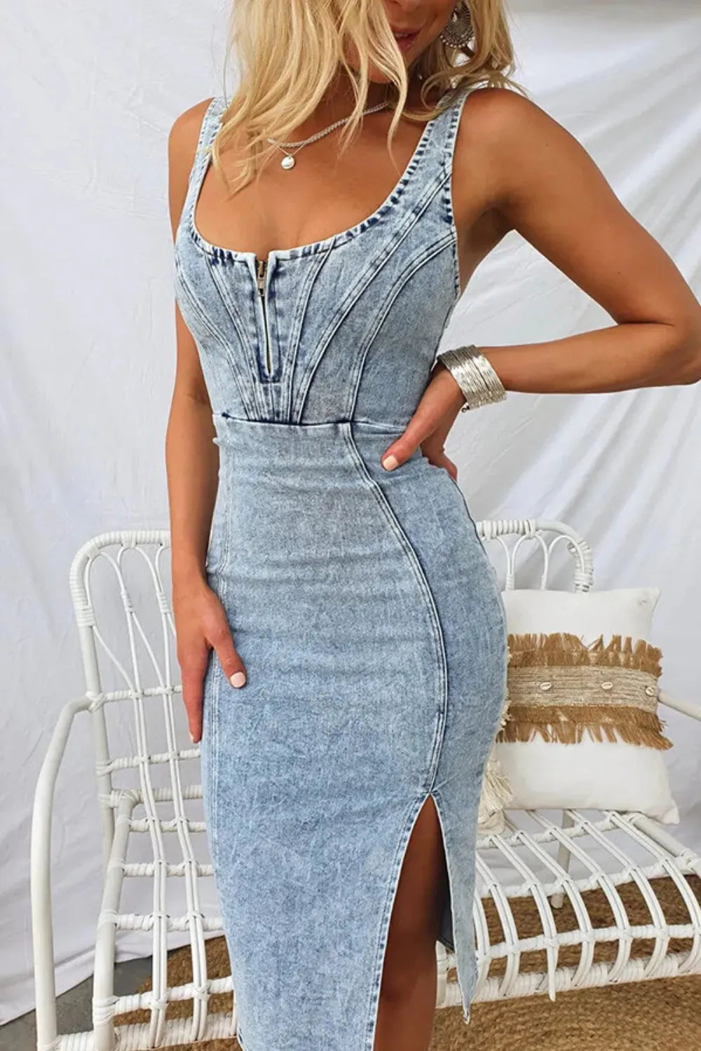 Side Slit Washed Scoop Neck Denim Dress - kinko