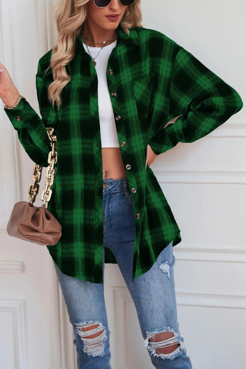 Plaid Button Up Dropped Shoulder Outerwear - kinko
