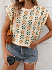 Flower Round Neck Short Sleeve Knit Top - kinko