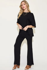Basic Bae Full Size Bamboo Drop Shoulder T-Shirt and Flare Pants Set - kinko