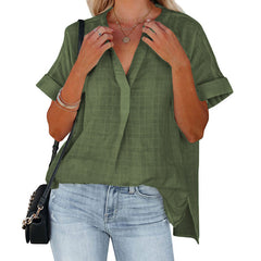 Women's Short Sleeve Thin V-neck Pullover Loose Shirt - kinko