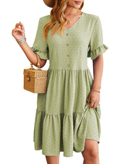 New V-neck Ruffle Short-sleeved Dress Summer Casual Fashion Button Jacquard Design Pleated Dresses Solid Color Womens Clothing - kinko