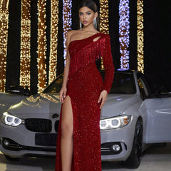 Sexy Sequined Tassel Sexy Backless Evening Dress - kinko