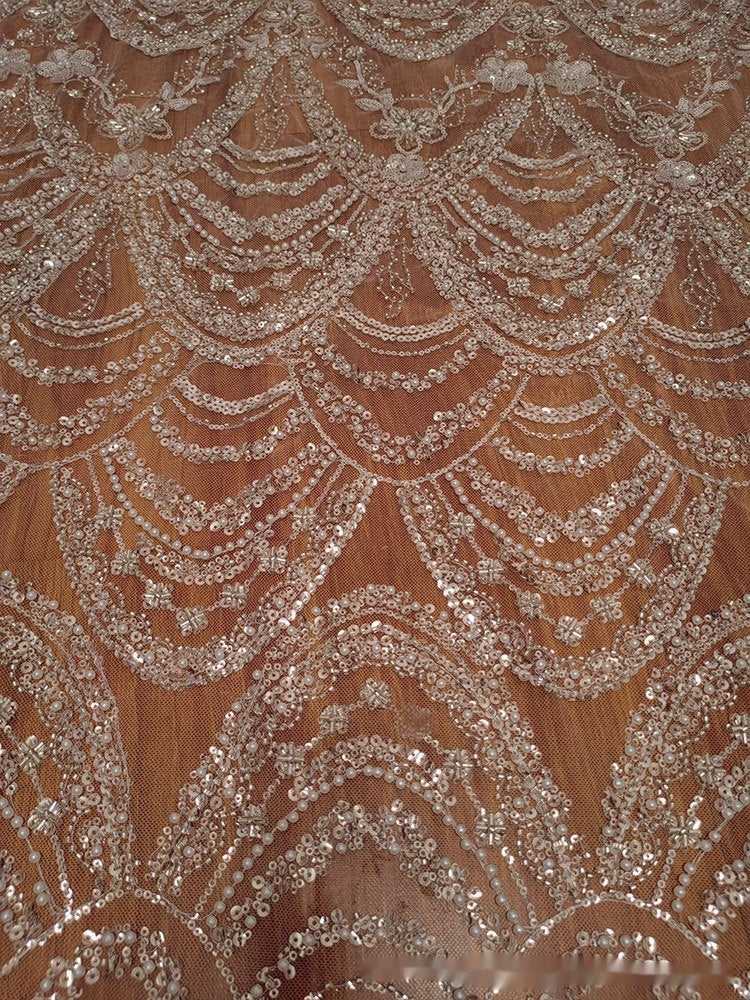Wave Style Sequin Bead Lace Fabric Wedding Dress - kinko