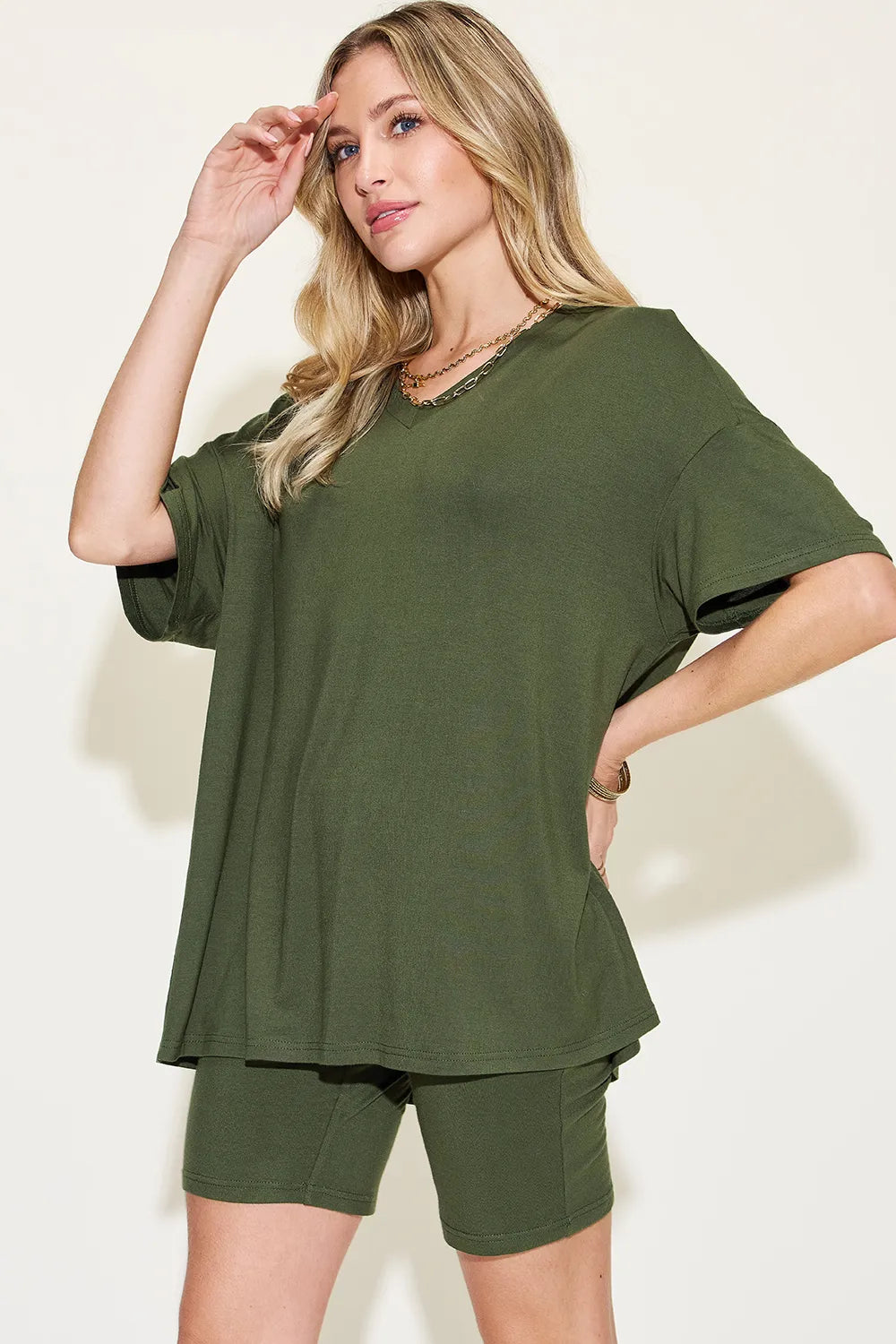 Basic Bae Full Size V-Neck Drop Shoulder T-Shirt and Shorts Set - kinko