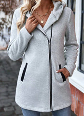 Oblique Zipper Fleece-lined Fall Winter Coat Hooded Sweater