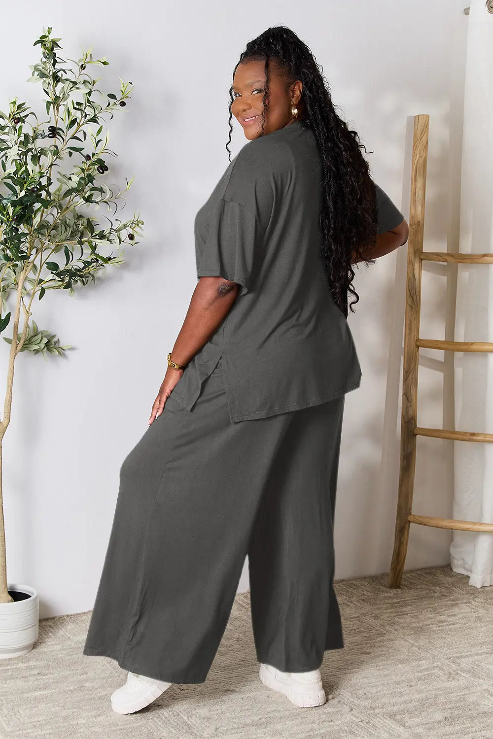 Double Take Full Size Round Neck Slit Top and Pants Set - kinko
