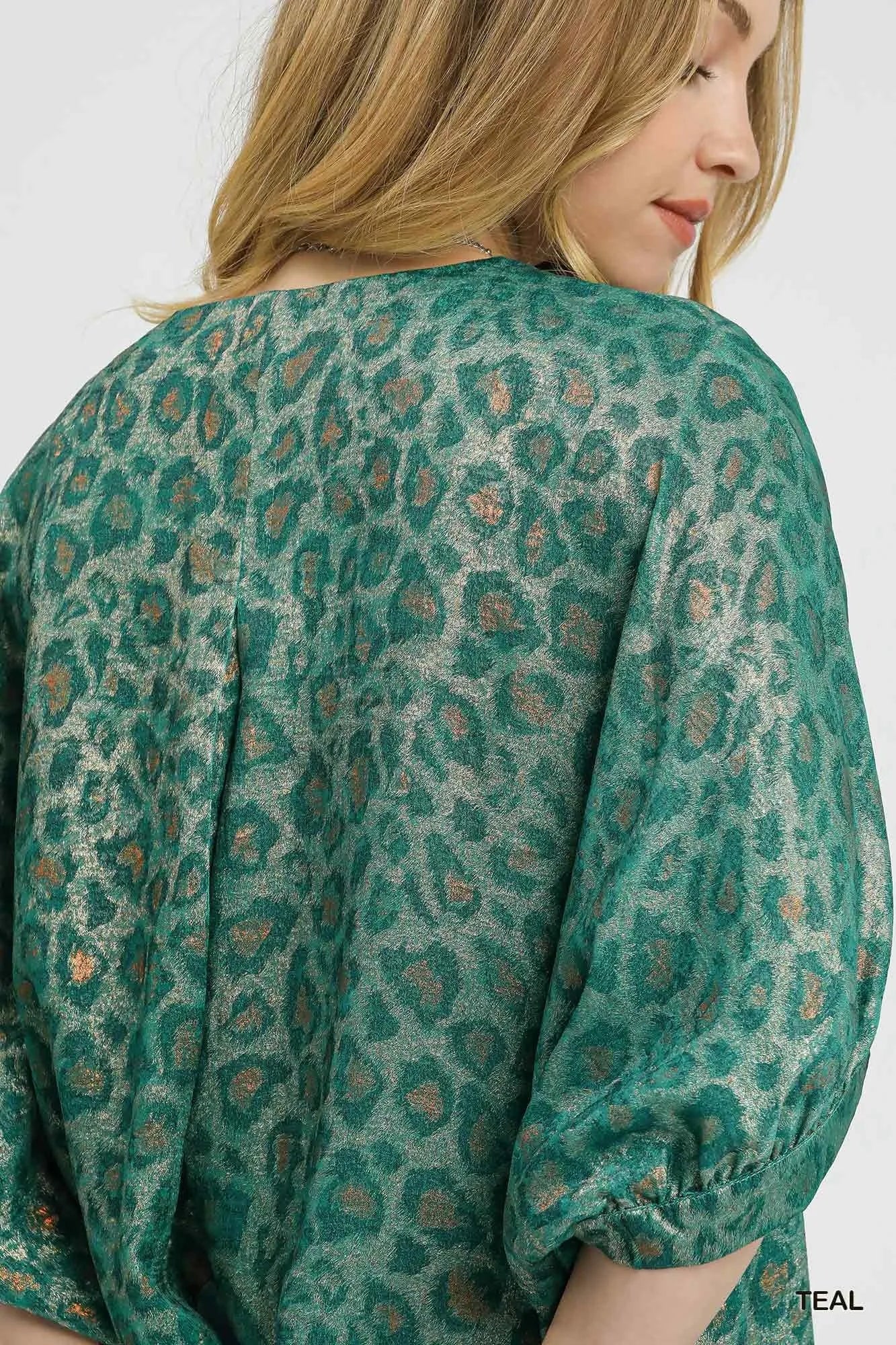 Umgee Metallic Leopard Print V-Neck Kimono Dress - kinko