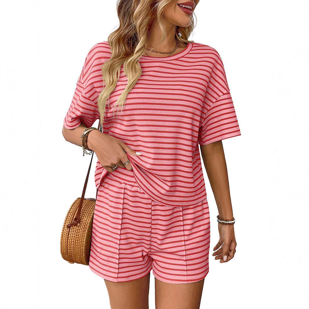Women's Knitted Striped Fashion Casual Shorts Sports Suit - kinko
