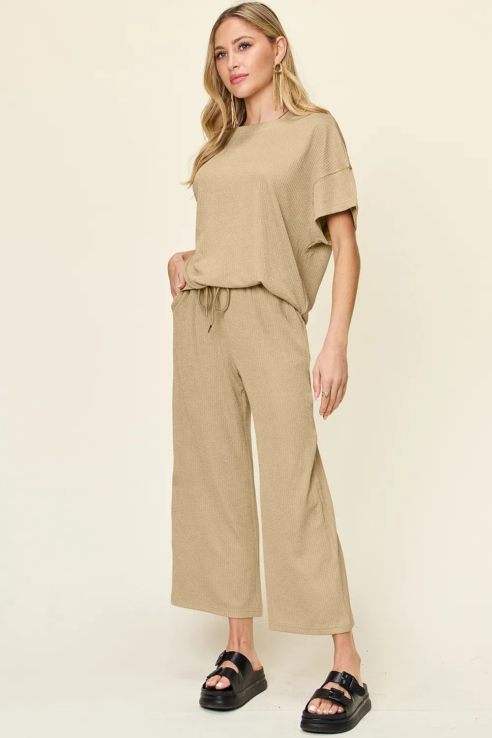Double Take Full Size Texture Round Neck Short Sleeve T-Shirt and Wide Leg Pants - kinko