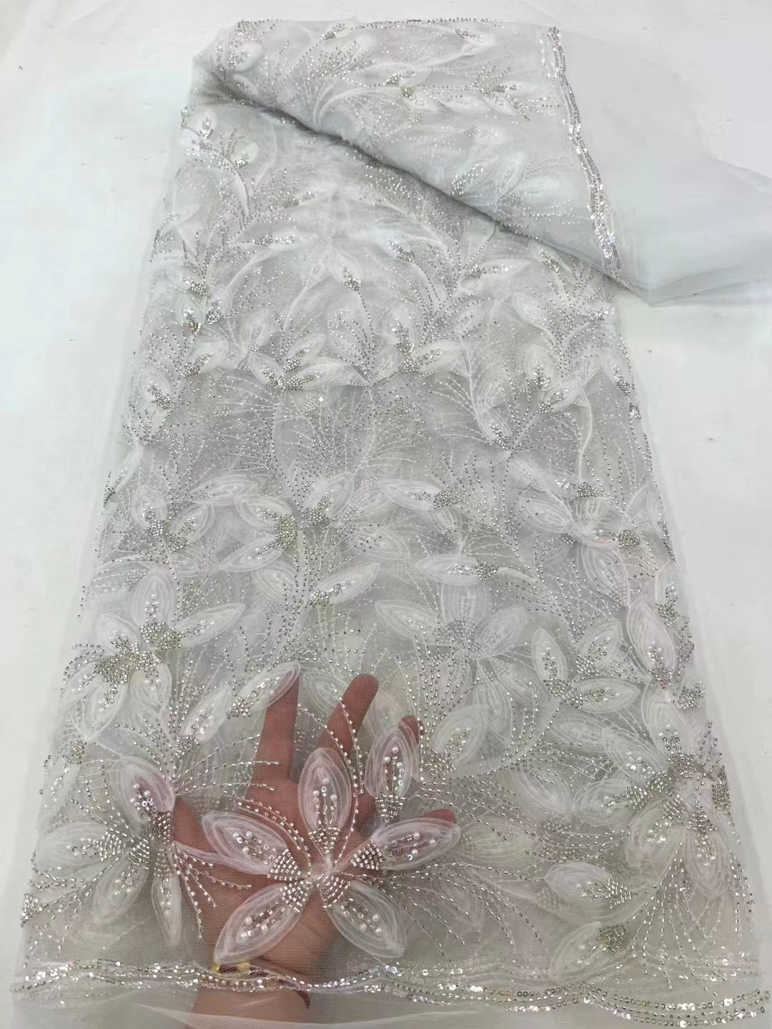 Ribbon Flower Beaded Tulle Lace Fabric Cocktail Party Occasion Evening Dress Embroidered Cloth Lace - kinko