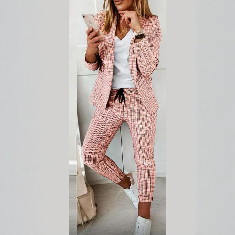 Women's Solid Color Plaid Long Sleeve Suit Two-piece Set With Pockets & Drawstring Waist Office Wear For Spring&Fall - kinko