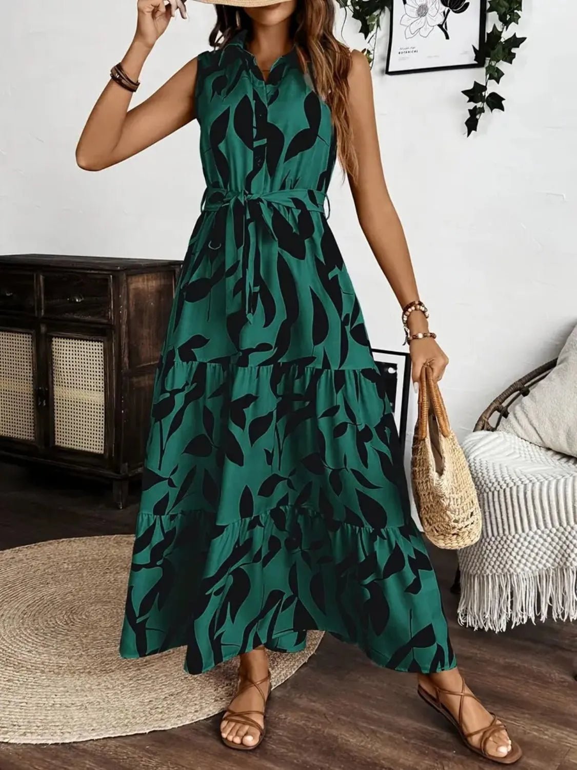 Printed Tie Waist Sleeveless Maxi Dress - kinko