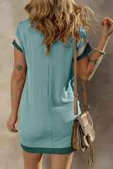 Textured Round Neck Short Sleeve Dress - kinko