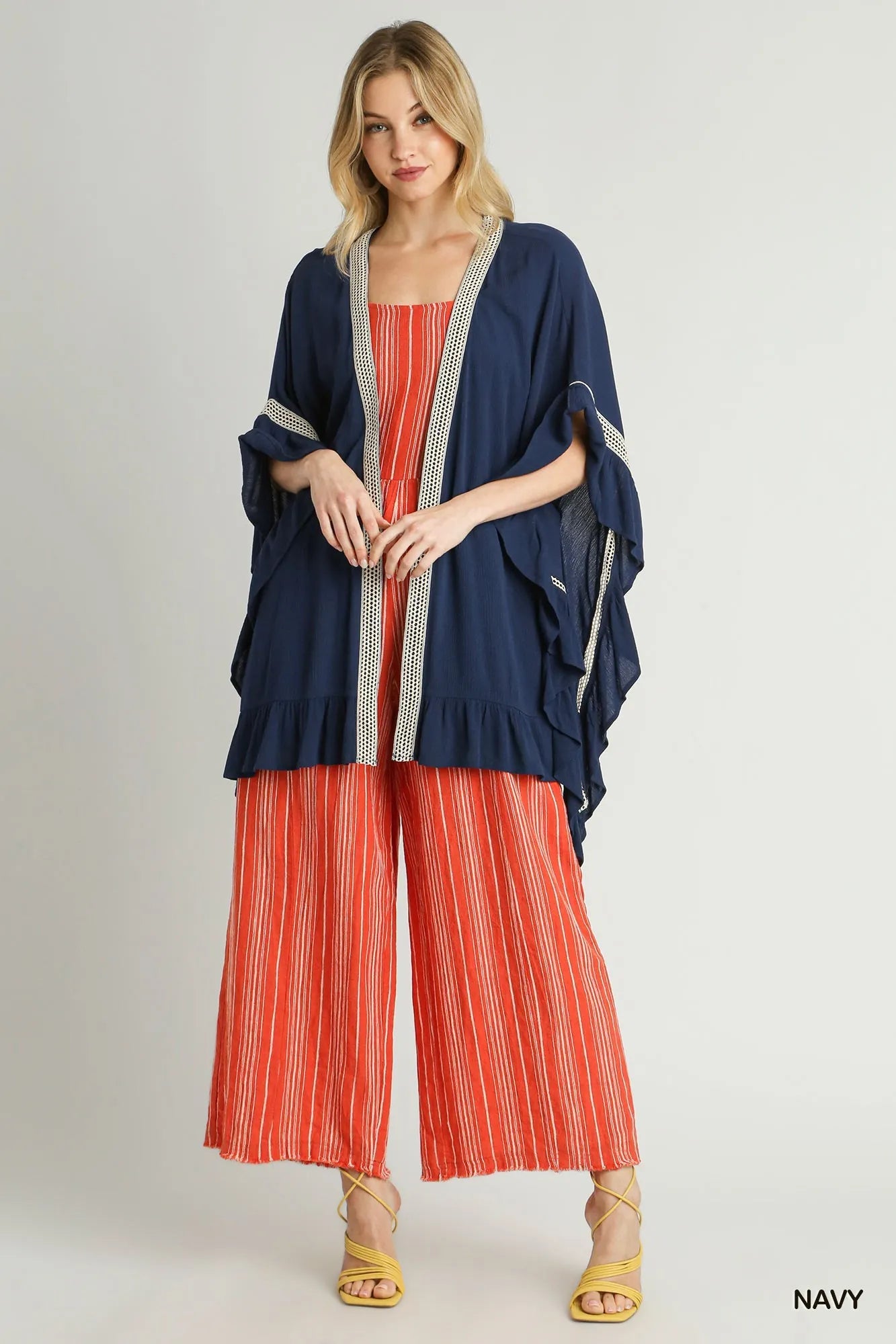 Umgee Ruffle Trim Kimono with Crochet Accent - kinko