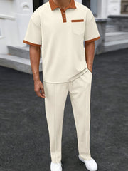Men's Full Size Waffle-Knit Contrast Polo and Pants Set Plus Size - kinko