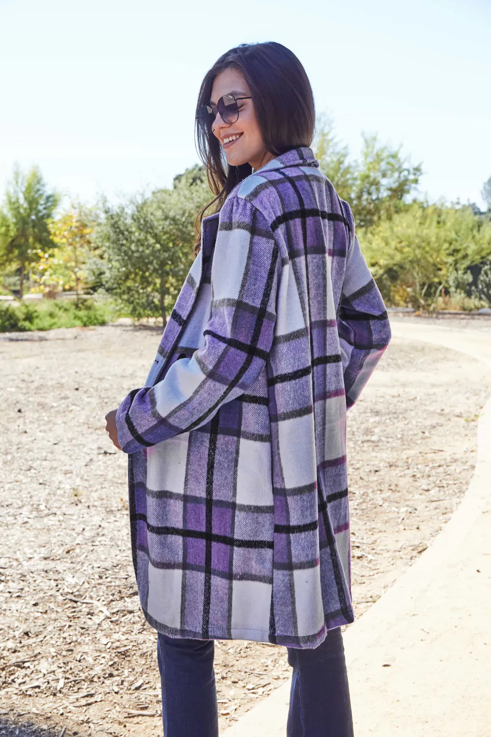 Double Take Full Size Plaid Button Up Lapel Collar Coat - kinko
