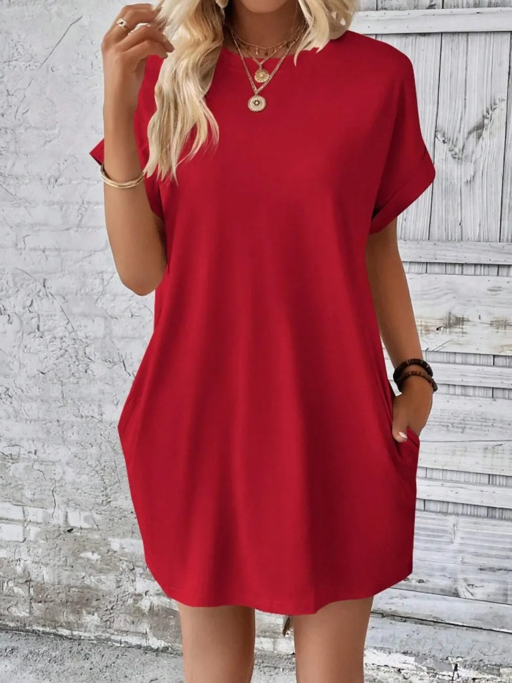 Pocketed Round Neck Short Sleeve Dress - kinko