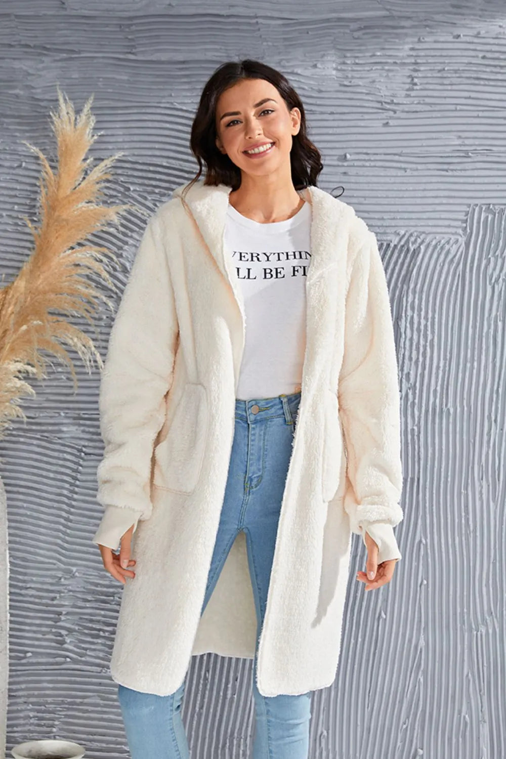 Double Take Full Size Hooded Teddy Bear Jacket with Thumbholes - kinko