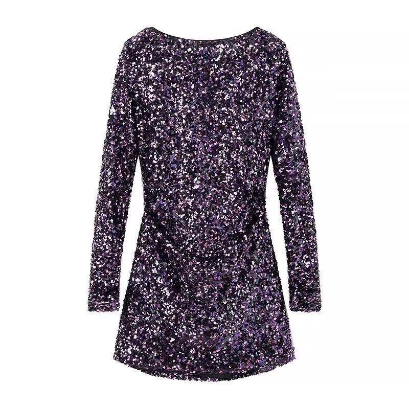 French Style Retro Crew Neck Long Sleeve Sequined Backless Dress - kinko
